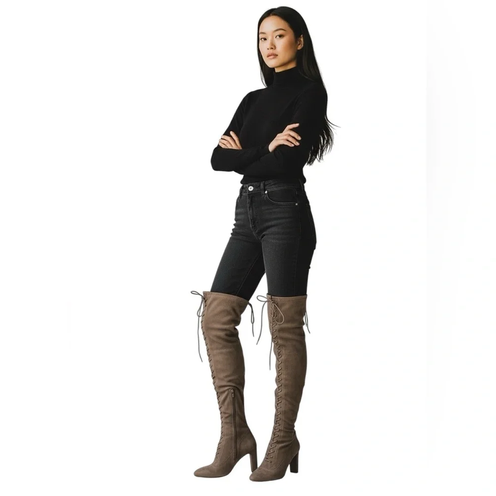WILD DIVA Faux Suede Lace Up Front Over the Knee Heeled Boots Size 7 Brown